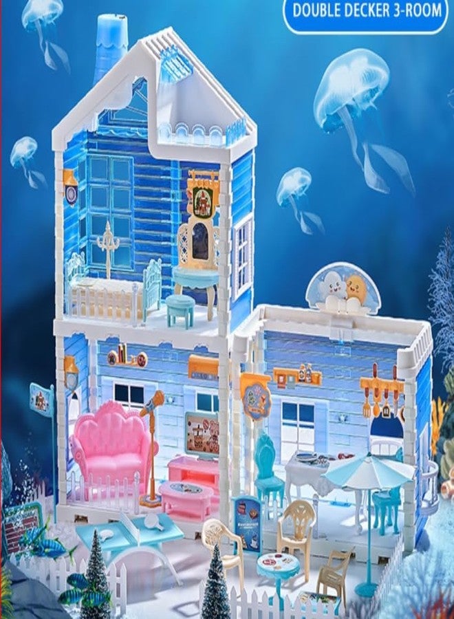 EXOMOON بيت أحلام إكسومون للبنات - بيت دمى للأطفال الصغار مكون من طابقين و3 غرف - بيت لعب مع ملحقات - لعبة هدية إبداعية للبنات (أزرق) - Image 4